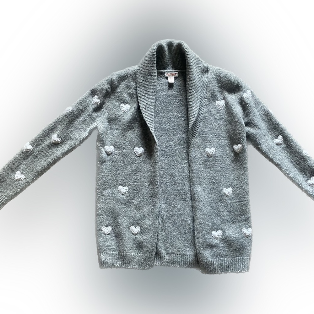 EUC Adorable Cat & Jack cardigan sweater grey with white hearts size large 10/12